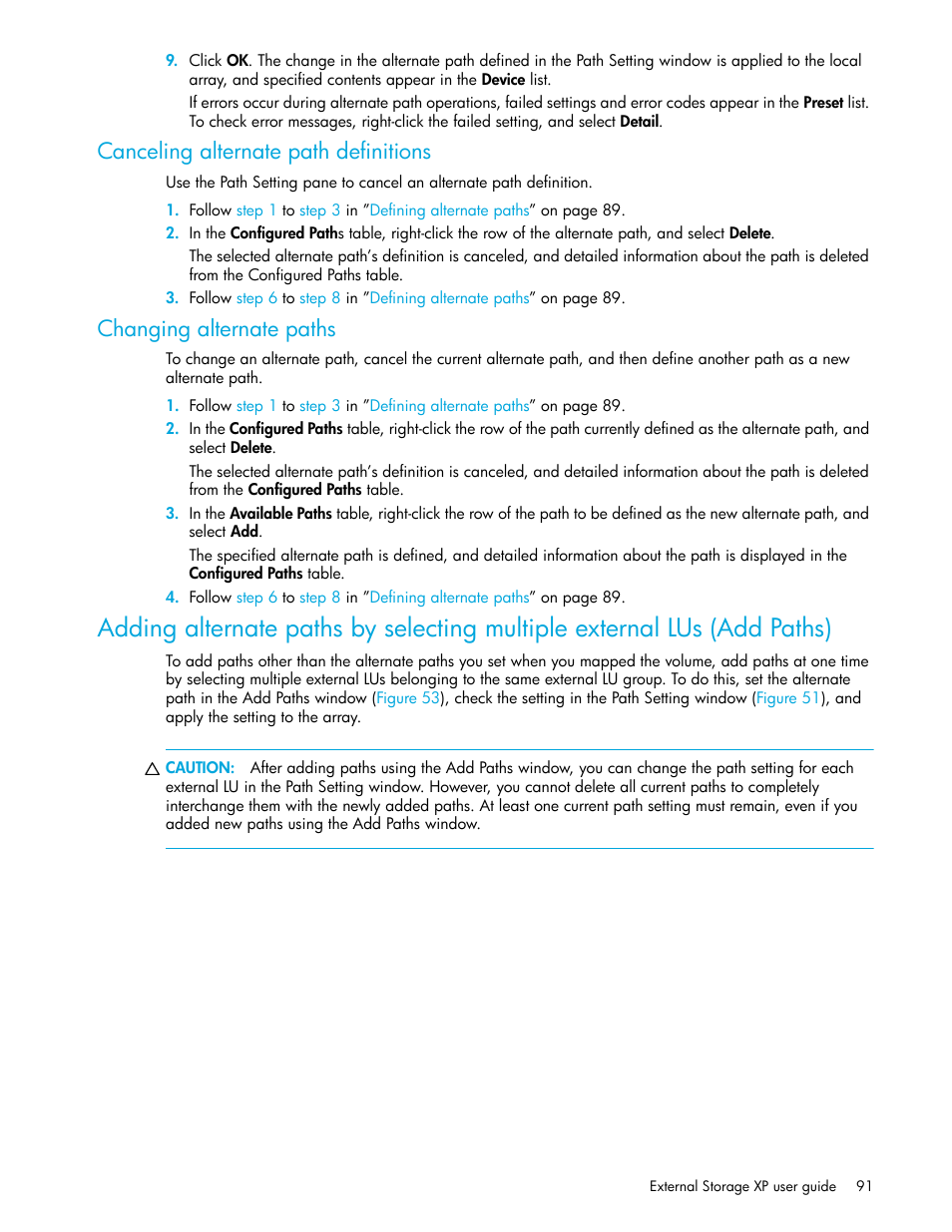 Canceling alternate path definitions, Changing alternate paths, Add paths) | HP StorageWorks XP Remote Web Console Software User Manual | Page 91 / 164