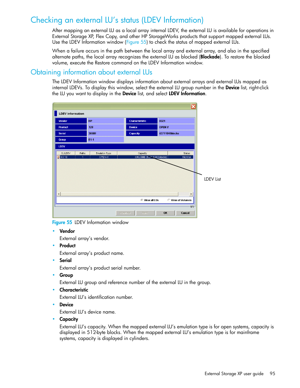 Obtaining information about external lus, Figure 55 ldev information window, 55 ldev information window | HP StorageWorks XP Remote Web Console Software User Manual | Page 95 / 164