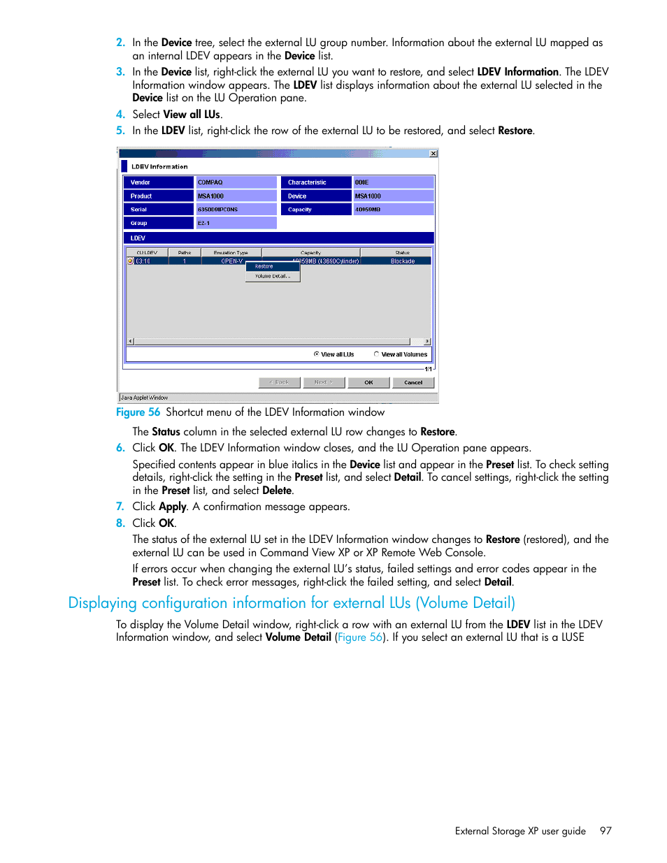 56 shortcut menu of the ldev information window, Command | HP StorageWorks XP Remote Web Console Software User Manual | Page 97 / 164