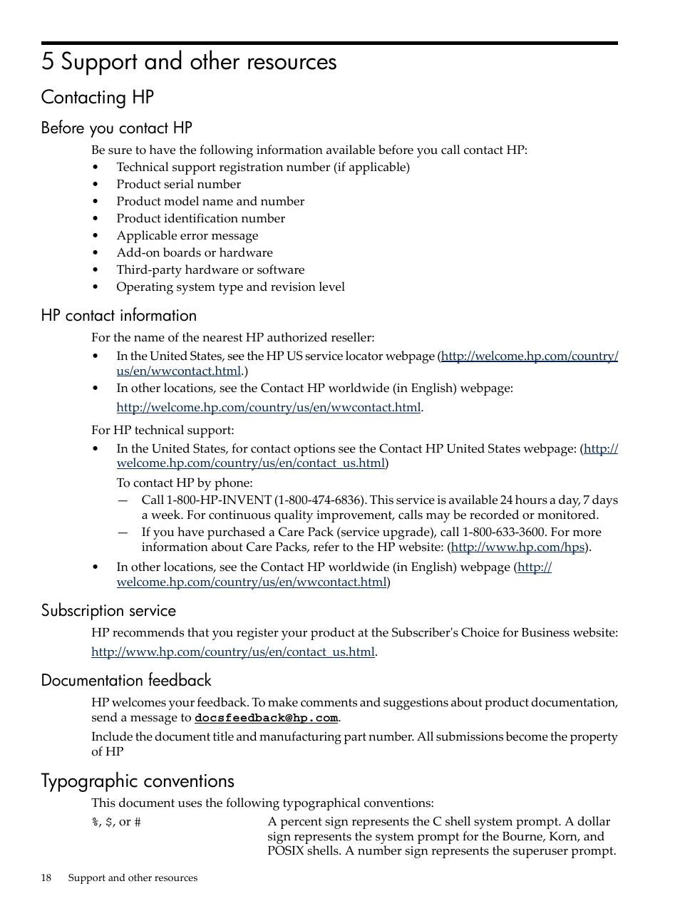 5 support and other resources, Contacting hp, Before you contact hp | Hp contact information, Subscription service, Documentation feedback, Typographic conventions | HP XML Accelerator for SAP NetWeaver Process Integration User Manual | Page 18 / 28