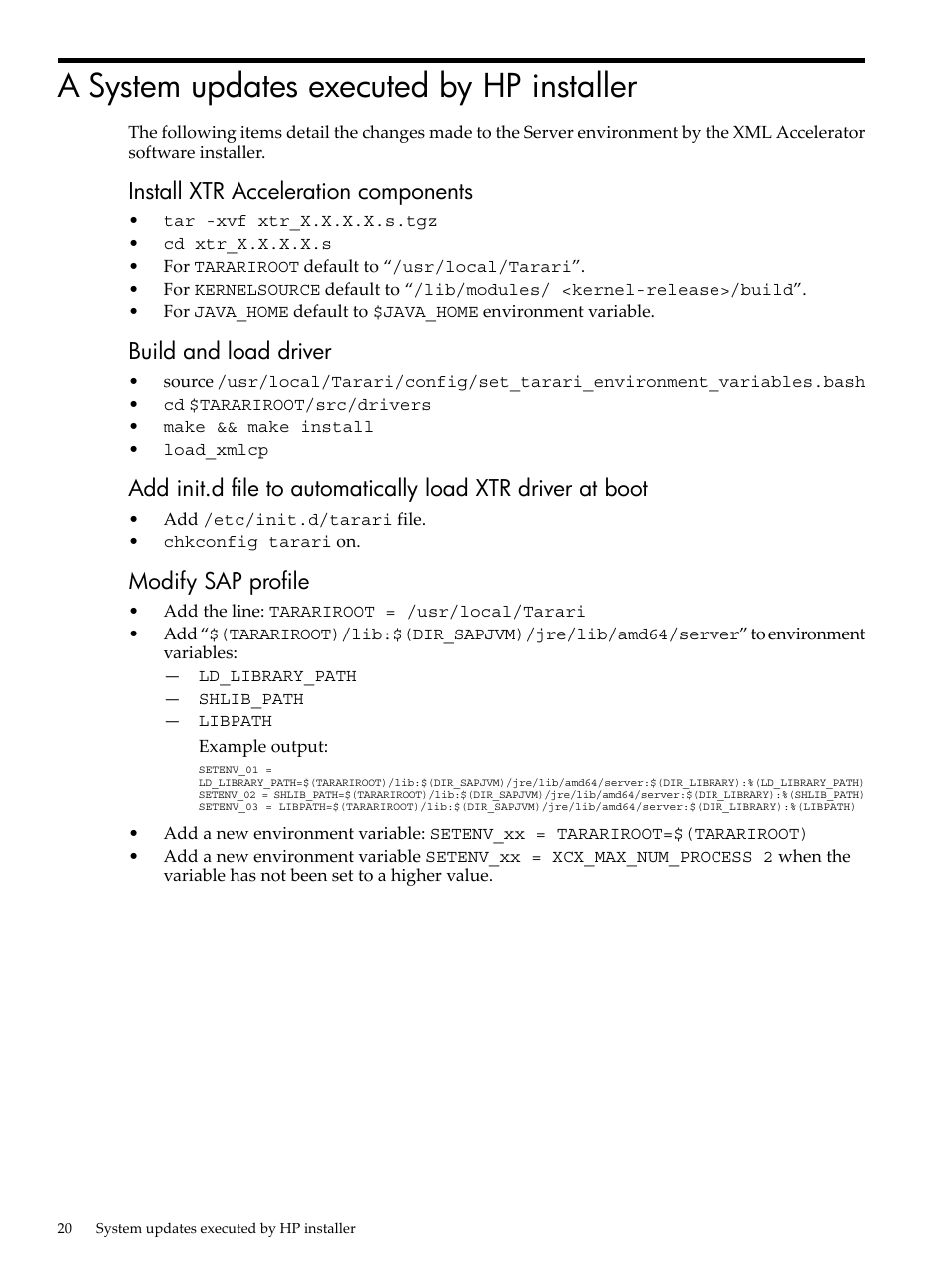 A system updates executed by hp installer, Install xtr acceleration components, Build and load driver | Modify sap profile | HP XML Accelerator for SAP NetWeaver Process Integration User Manual | Page 20 / 28