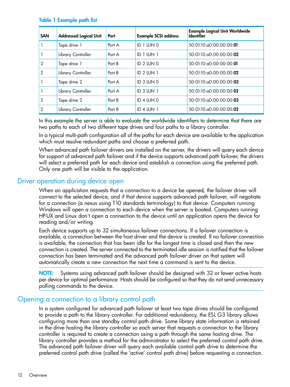 Driver operation during device open, Opening a connection to a library control path | HP StoreEver MSL6480 Tape Library User Manual | Page 12 / 70