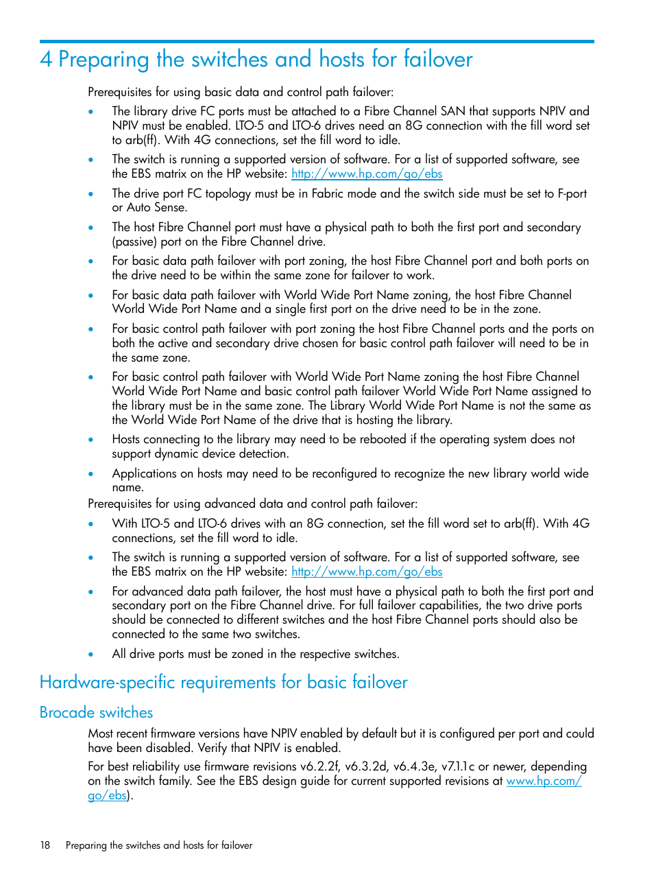 4 preparing the switches and hosts for failover, Hardware-specific requirements for basic failover, Brocade switches | Preparing the switches and hosts, Preparing the switches and hosts for failover | HP StoreEver MSL6480 Tape Library User Manual | Page 18 / 70
