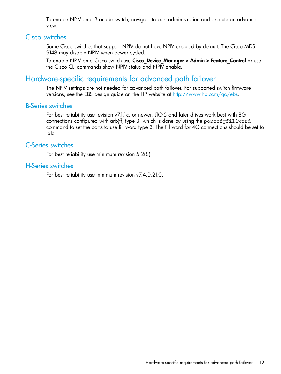 Cisco switches, B-series switches, C-series switches | H-series switches | HP StoreEver MSL6480 Tape Library User Manual | Page 19 / 70