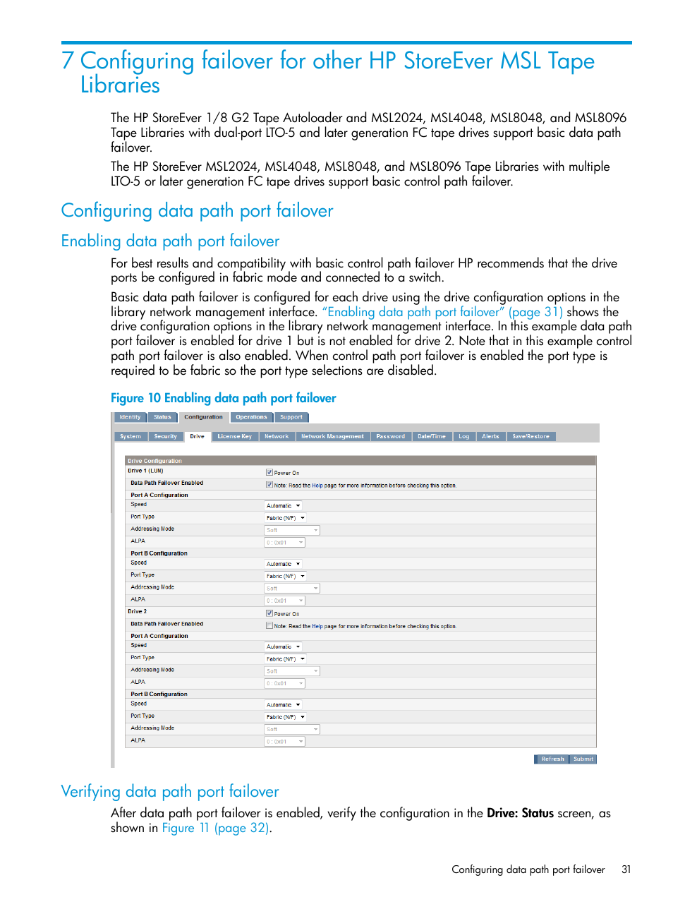 Configuring data path port failover, Enabling data path port failover, Verifying data path port failover | HP StoreEver MSL6480 Tape Library User Manual | Page 31 / 70