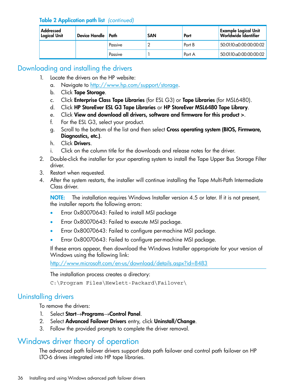 Downloading and installing the drivers, Uninstalling drivers, Windows driver theory of operation | HP StoreEver MSL6480 Tape Library User Manual | Page 36 / 70