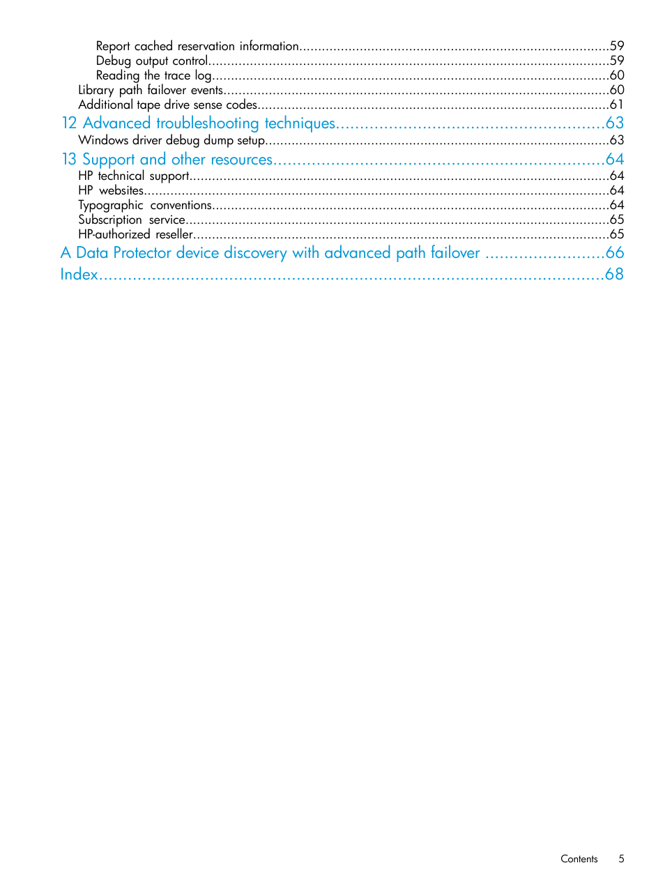 12 advanced troubleshooting techniques, 13 support and other resources | HP StoreEver MSL6480 Tape Library User Manual | Page 5 / 70