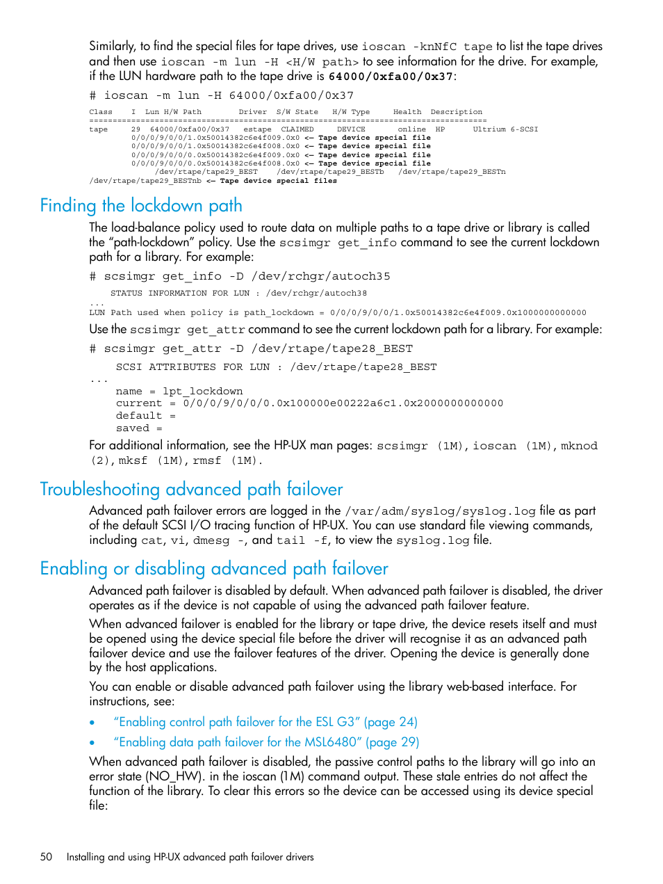 Finding the lockdown path, Troubleshooting advanced path failover, Enabling or disabling advanced path failover | HP StoreEver MSL6480 Tape Library User Manual | Page 50 / 70