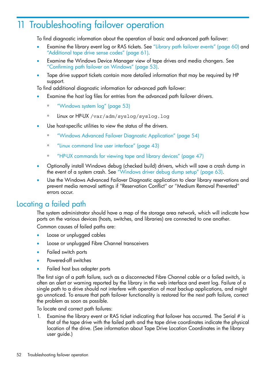 11 troubleshooting failover operation, Locating a failed path | HP StoreEver MSL6480 Tape Library User Manual | Page 52 / 70