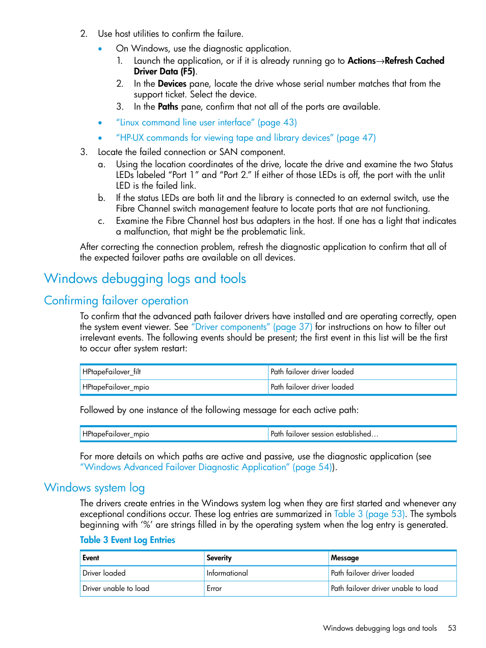 Windows debugging logs and tools, Confirming failover operation, Windows system log | Confirming failover operation windows system log | HP StoreEver MSL6480 Tape Library User Manual | Page 53 / 70