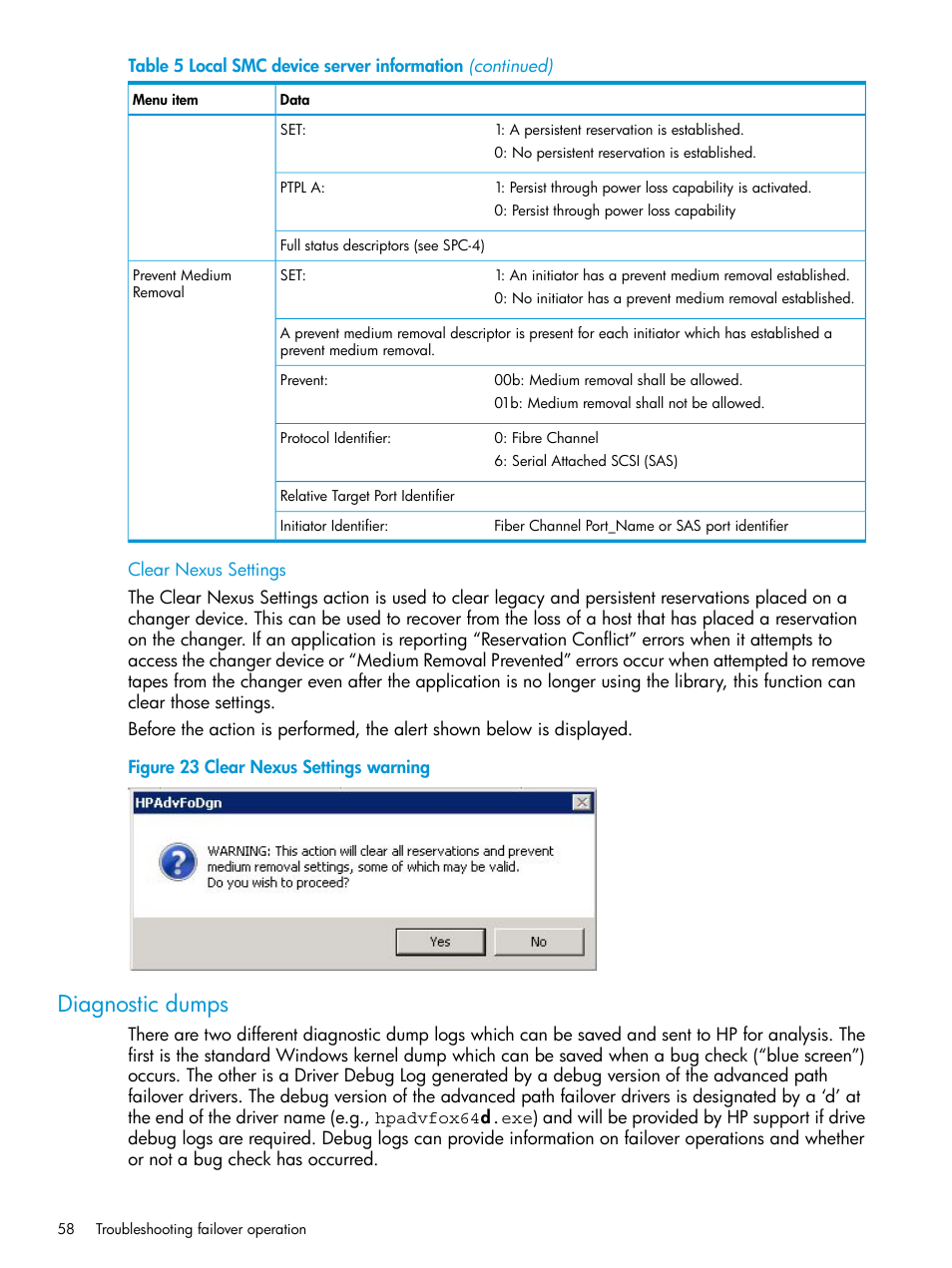 Diagnostic dumps | HP StoreEver MSL6480 Tape Library User Manual | Page 58 / 70