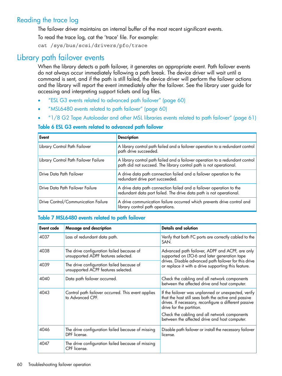 Reading the trace log, Library path failover events | HP StoreEver MSL6480 Tape Library User Manual | Page 60 / 70