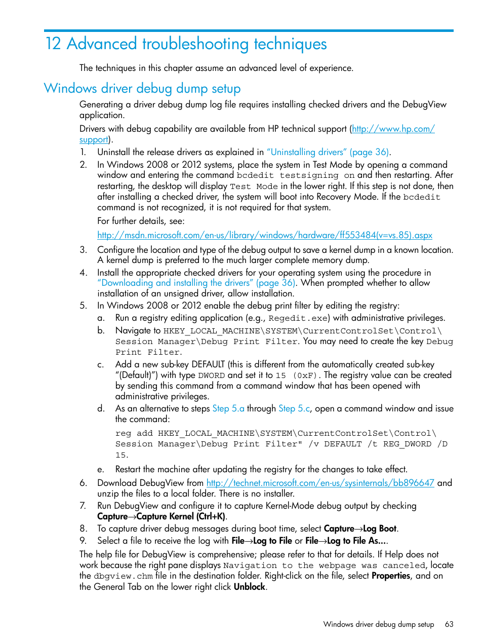 12 advanced troubleshooting techniques, Windows driver debug dump setup | HP StoreEver MSL6480 Tape Library User Manual | Page 63 / 70