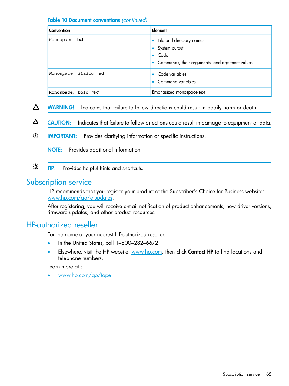 Subscription service, Hp-authorized reseller, Subscription service hp-authorized reseller | HP StoreEver MSL6480 Tape Library User Manual | Page 65 / 70