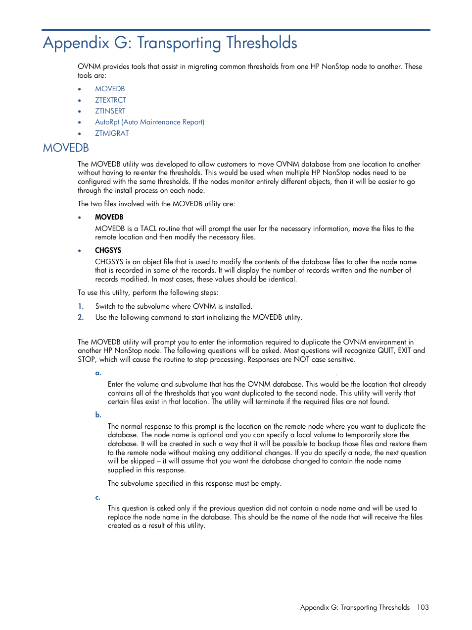 Appendix g: transporting thresholds, Movedb | HP NonStop G-Series User Manual | Page 103 / 134