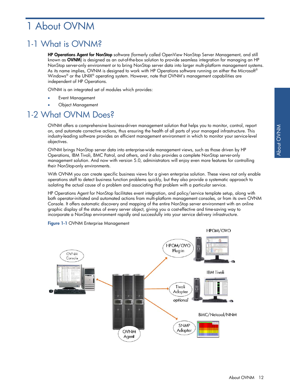 1 about ovnm, 1 what is ovnm, 2 what ovnm does | About ovnm, What is ovnm, What ovnm does, Figure 1-1 ovnm enterprise management | HP NonStop G-Series User Manual | Page 12 / 134