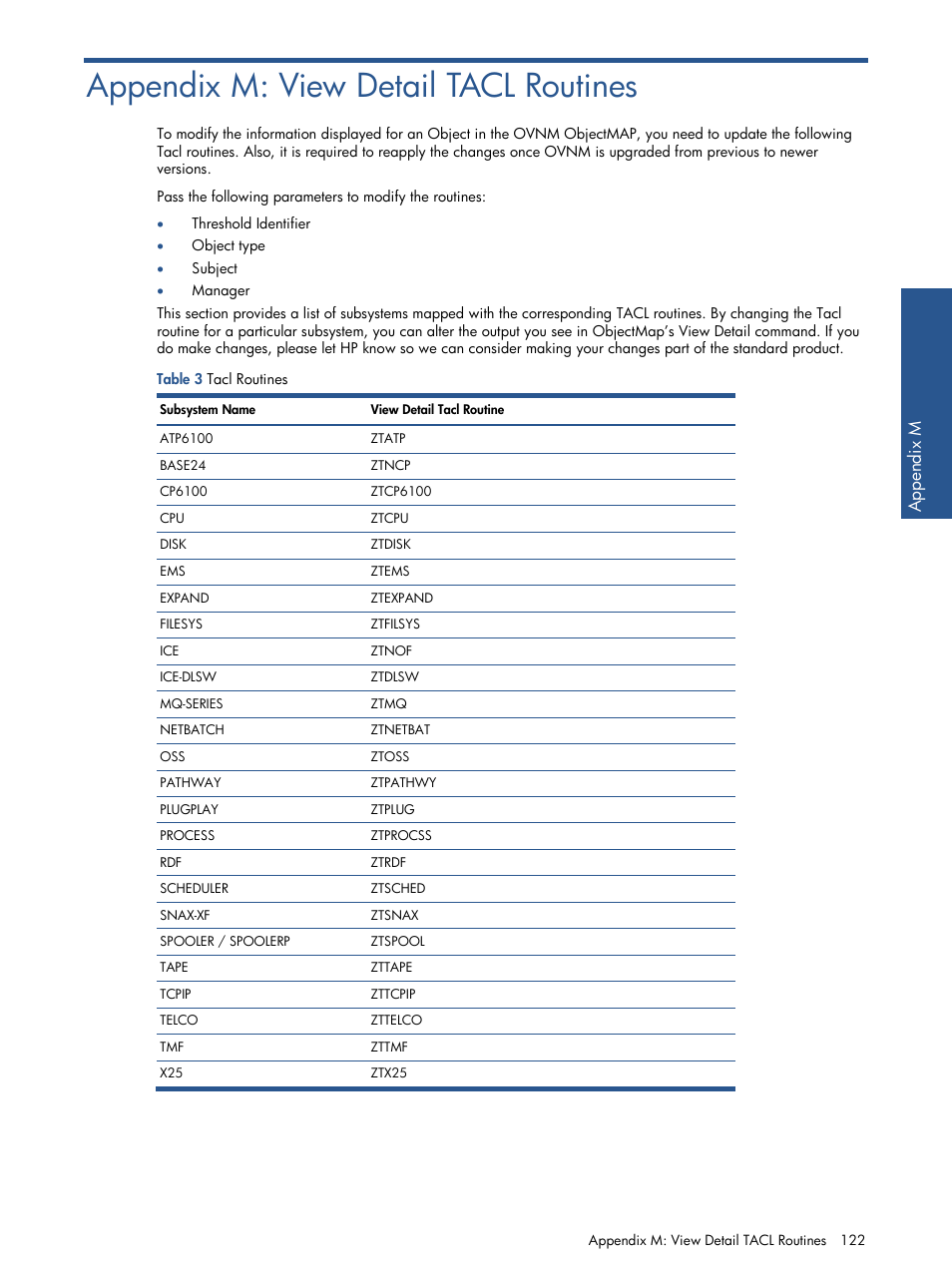 Appendix m: view detail tacl routines, Table 3 tacl routines | HP NonStop G-Series User Manual | Page 122 / 134