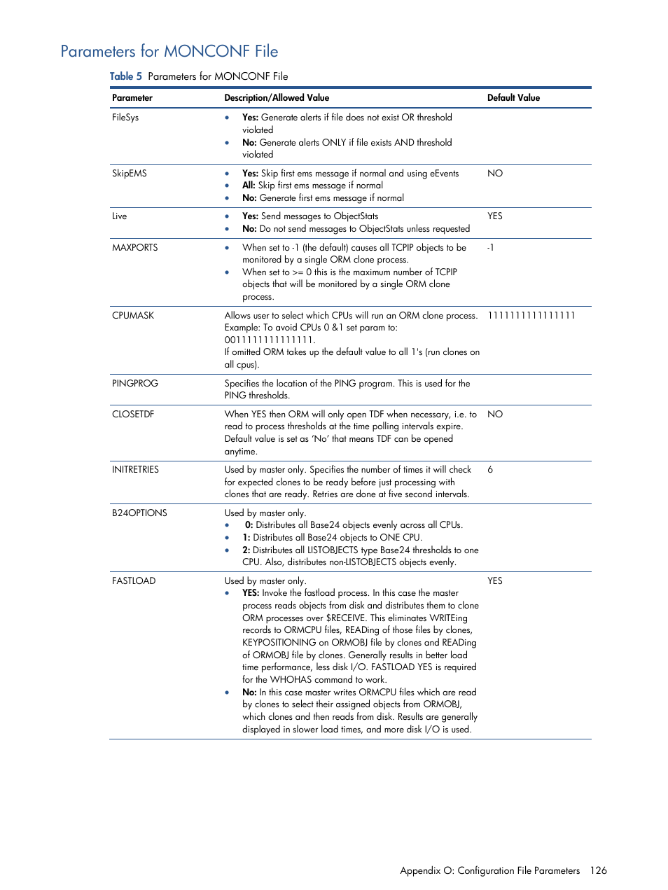 Parameters for monconf file, Table 5 parameters for monconf file | HP NonStop G-Series User Manual | Page 126 / 134