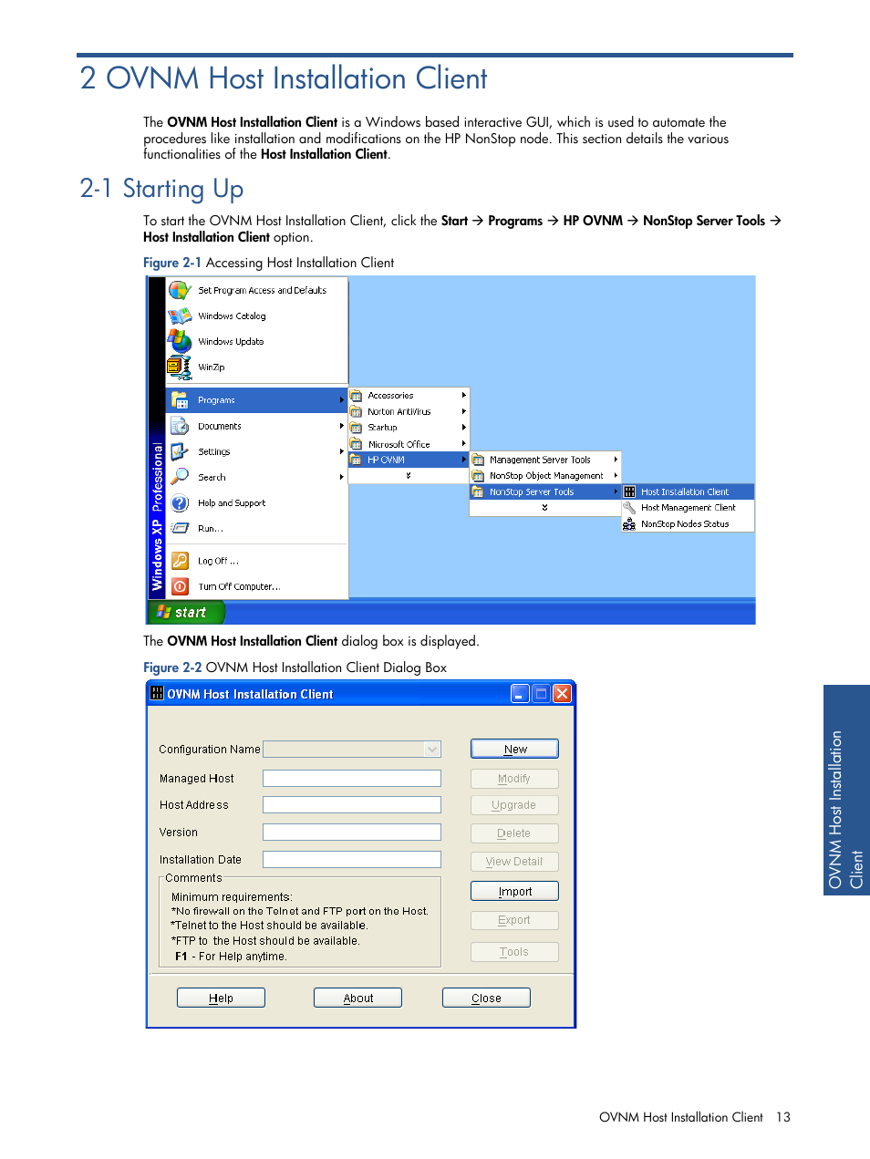 2 ovnm host installation client, 1 starting up, Ovnm host installation client | Starting up, Figure 2-1 accessing host installation client | HP NonStop G-Series User Manual | Page 13 / 134