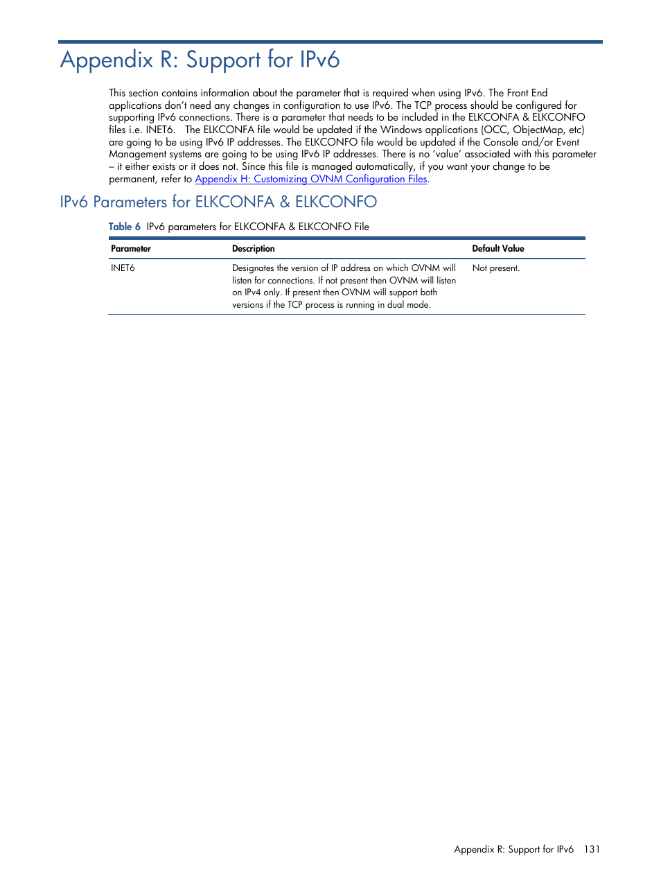 Appendix r: support for ipv6, Ipv6 parameters for elkconfa & elkconfo | HP NonStop G-Series User Manual | Page 131 / 134