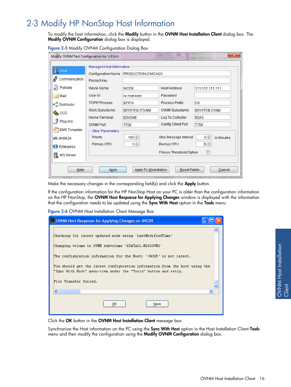 3 modify hp nonstop host information, Modify hp nonstop host information, Figure 2-5 modify ovnm configuration dialog box | HP NonStop G-Series User Manual | Page 16 / 134