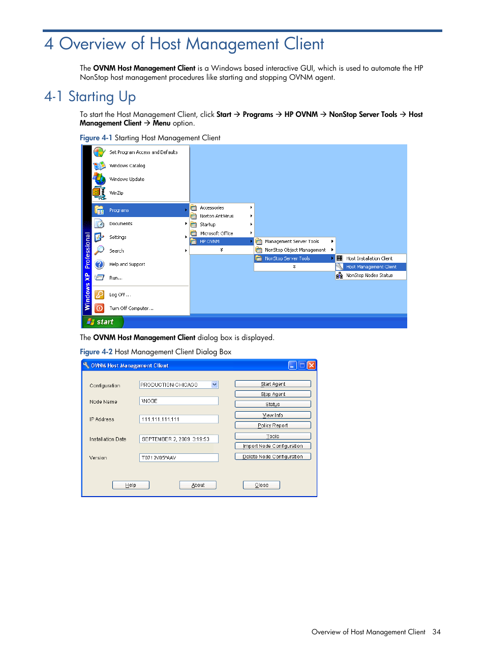 4 overview of host management client, 1 starting up, Overview of host management client | Starting up, Figure 4-1 starting host management client, Figure 4-2 host management client dialog box | HP NonStop G-Series User Manual | Page 34 / 134