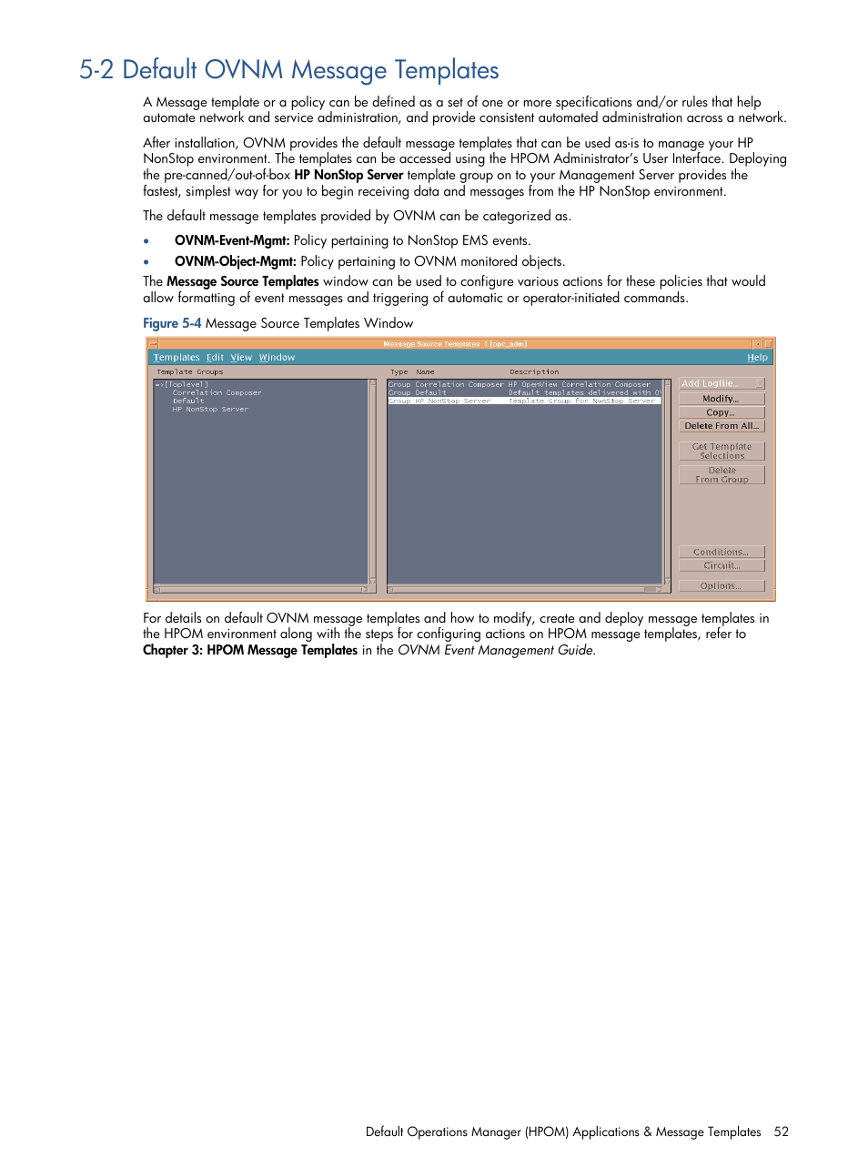 2 default ovnm message templates, Default ovnm message templates, Figure 5-4 message source templates window | HP NonStop G-Series User Manual | Page 52 / 134