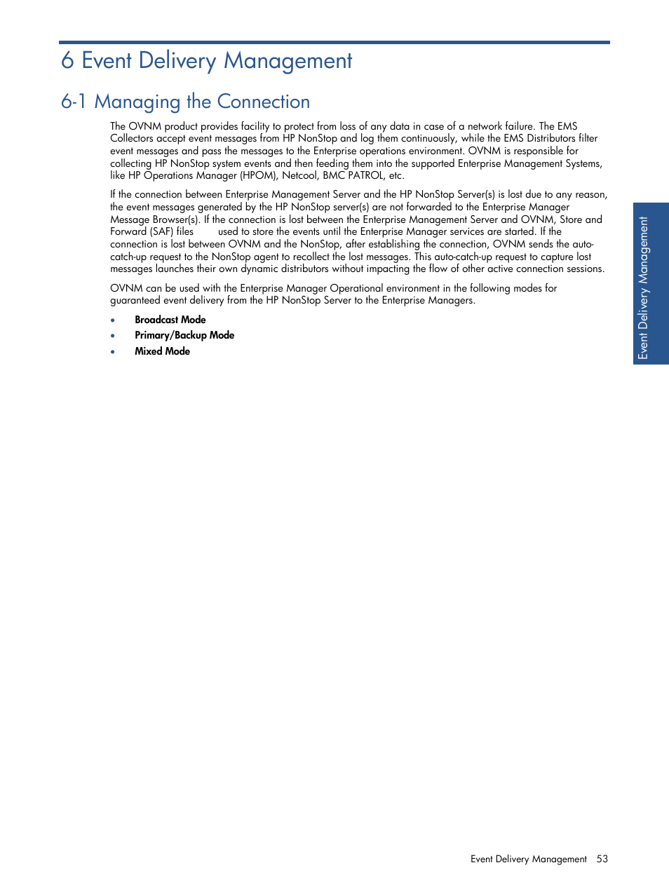 6 event delivery management, 1 managing the connection, Event delivery management | Managing the connection | HP NonStop G-Series User Manual | Page 53 / 134