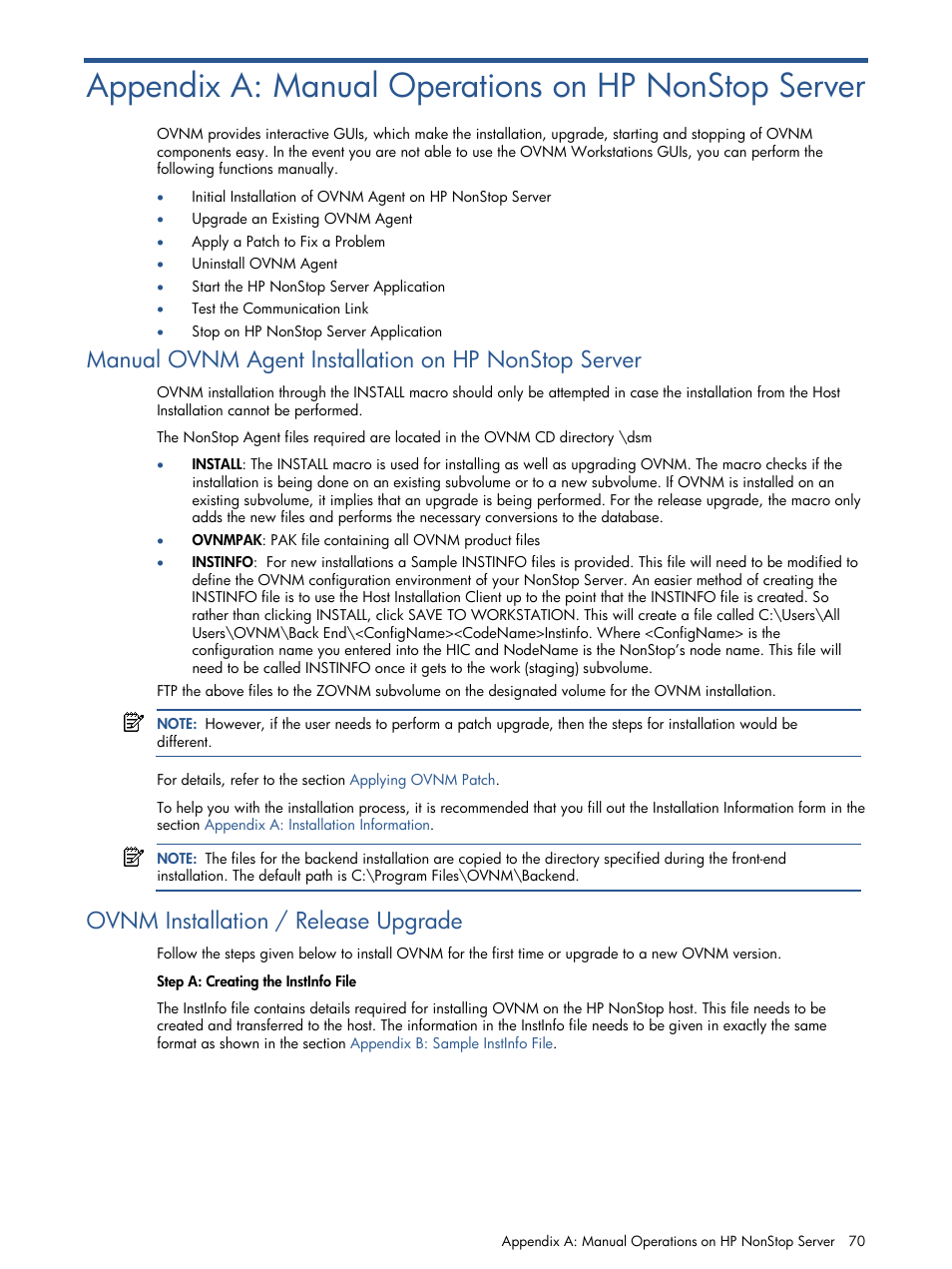 Appendix a: manual operations on hp nonstop server, Ovnm installation / release upgrade | HP NonStop G-Series User Manual | Page 70 / 134