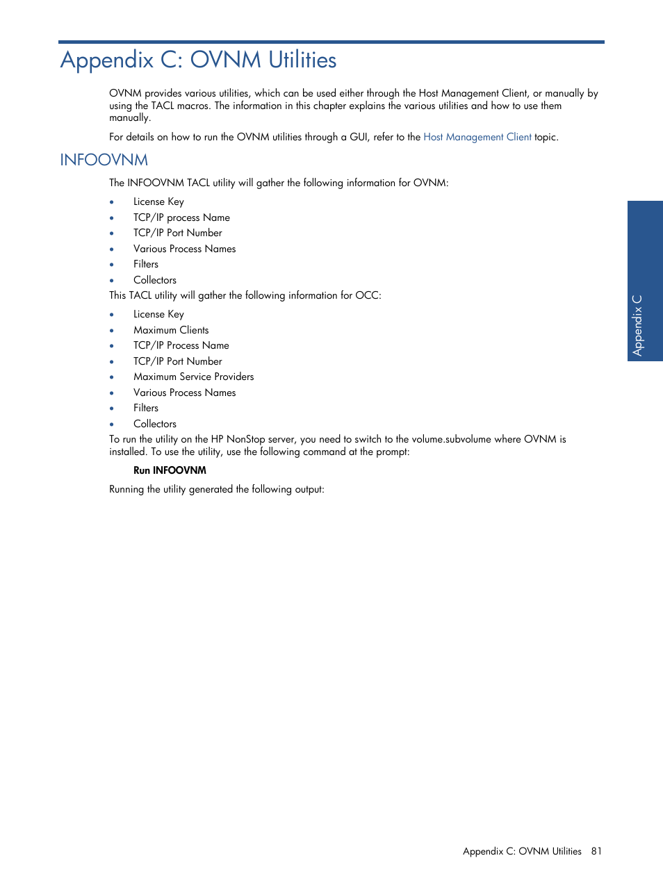 Appendix c: ovnm utilities, Infoovnm | HP NonStop G-Series User Manual | Page 81 / 134