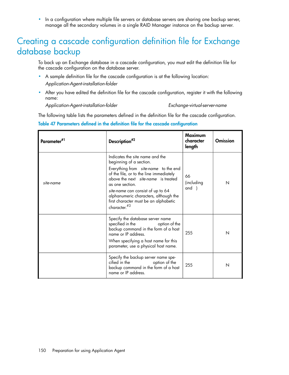 Creating a cascade configuration definition file, For exchange database backup | HP XP Command View Advanced Edition Software User Manual | Page 150 / 574