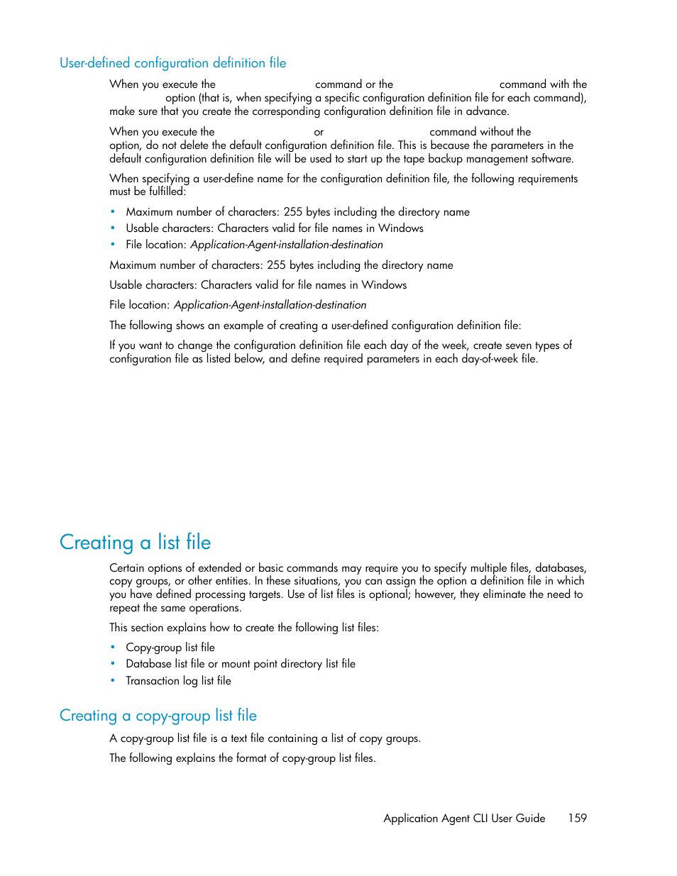 User-defined configuration definition file, Creating a list file, Creating a copy-group list file | HP XP Command View Advanced Edition Software User Manual | Page 159 / 574