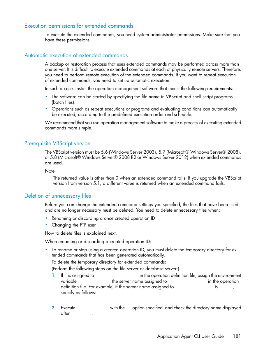 Execution permissions for extended commands, Automatic execution of extended commands, Prerequisite vbscript version | Deletion of unnecessary files, 181 automatic execution of extended commands, 181 prerequisite vbscript version, 181 deletion of unnecessary files | HP XP Command View Advanced Edition Software User Manual | Page 181 / 574