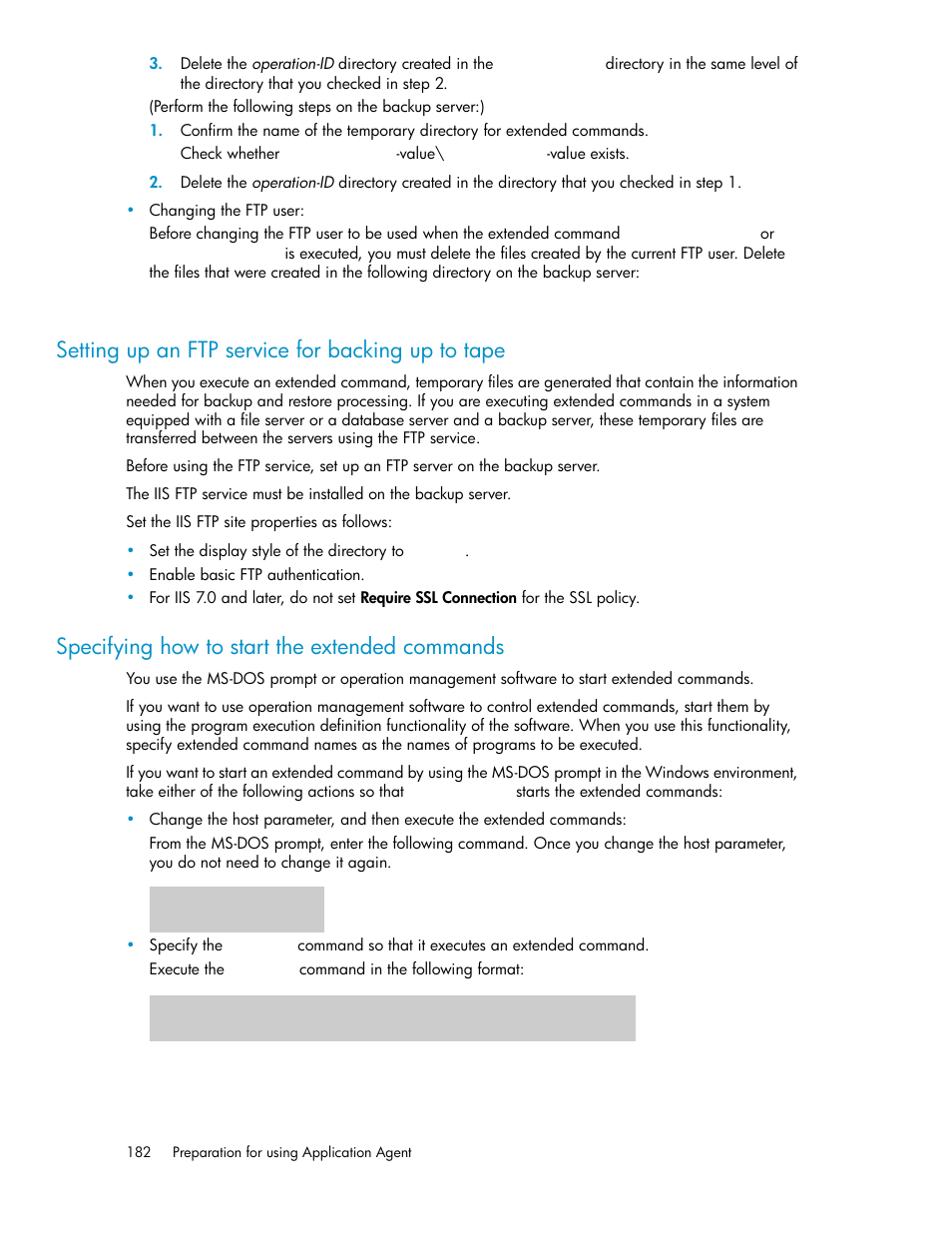 Setting up an ftp service for backing up to tape, Specifying how to start the extended commands, 182 specifying how to start the extended commands | Setting up an ftp ser- vice for backing up to tape | HP XP Command View Advanced Edition Software User Manual | Page 182 / 574