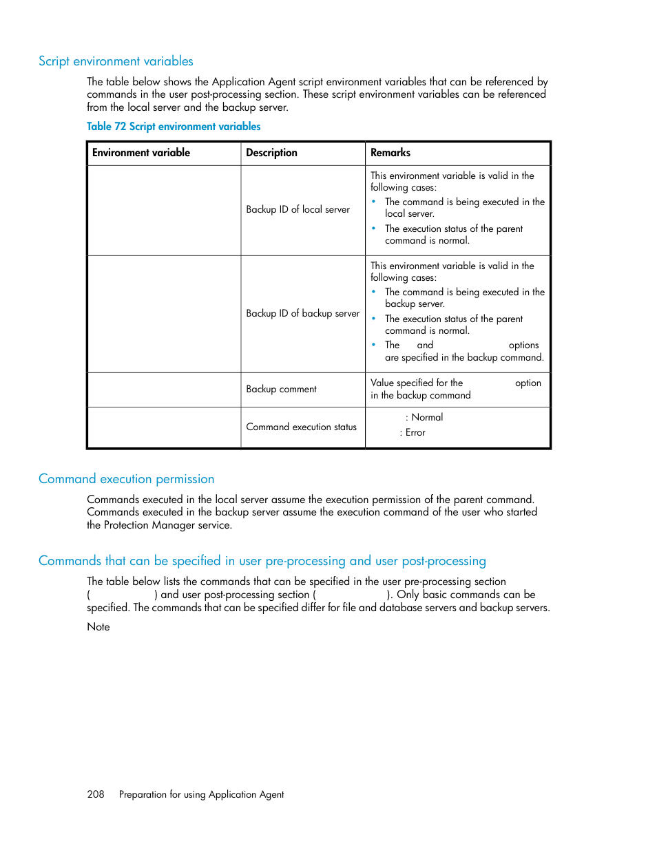 Script environment variables, Command execution permission, 208 command execution permission | Commands that can be specified in, User pre-processing and user post-processing | HP XP Command View Advanced Edition Software User Manual | Page 208 / 574