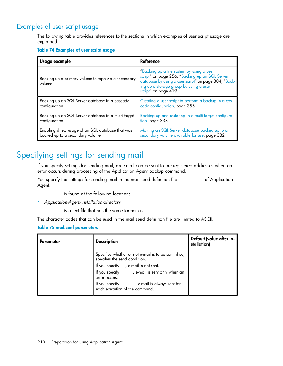 Examples of user script usage, Specifying settings for sending mail, Mail.conf parameters | Specifying set- tings for send- ing mail | HP XP Command View Advanced Edition Software User Manual | Page 210 / 574