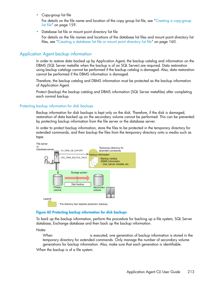 Application agent backup information, Protecting backup information for disk backups | HP XP Command View Advanced Edition Software User Manual | Page 213 / 574