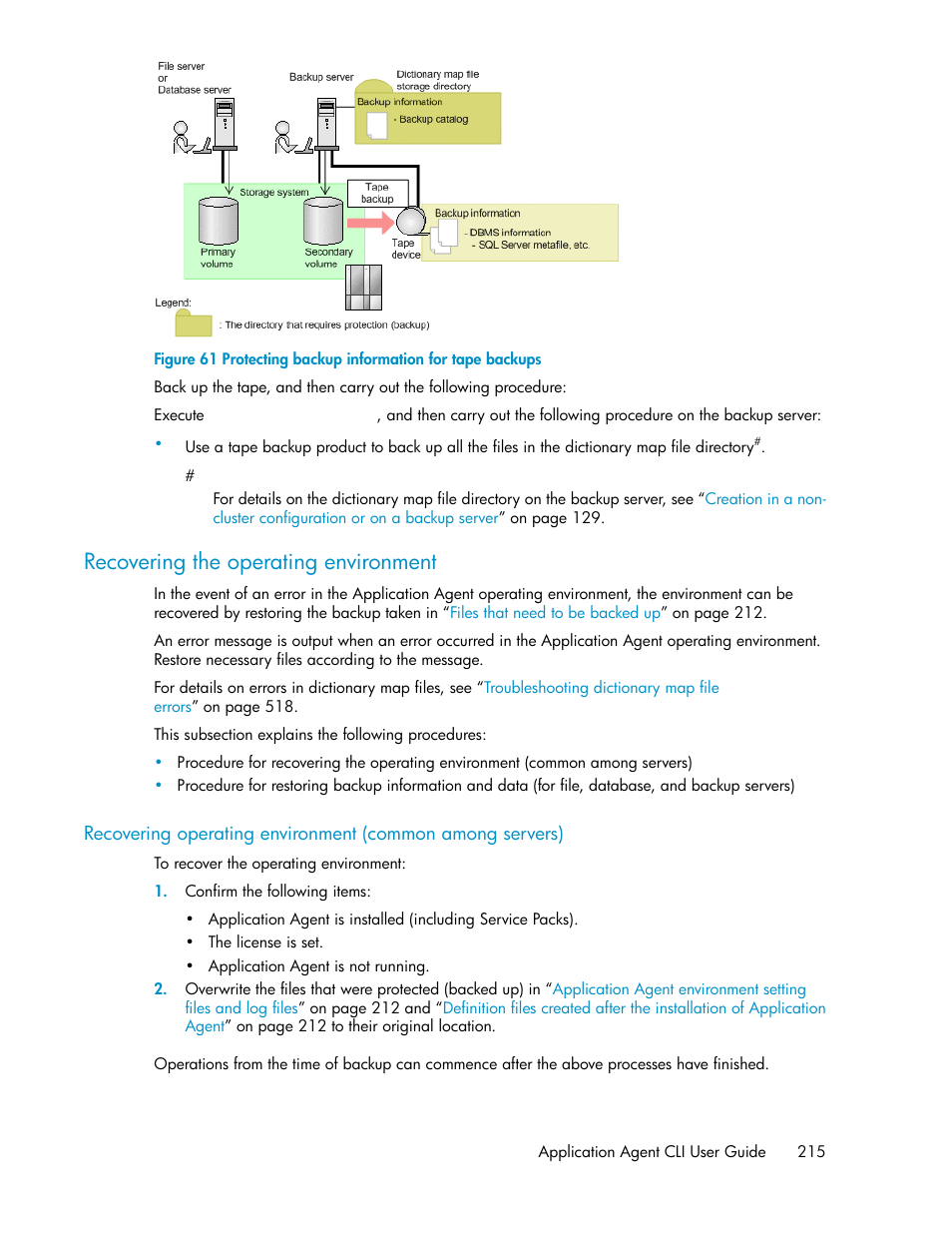 Recovering the operating environment, Protecting backup information for tape backups | HP XP Command View Advanced Edition Software User Manual | Page 215 / 574