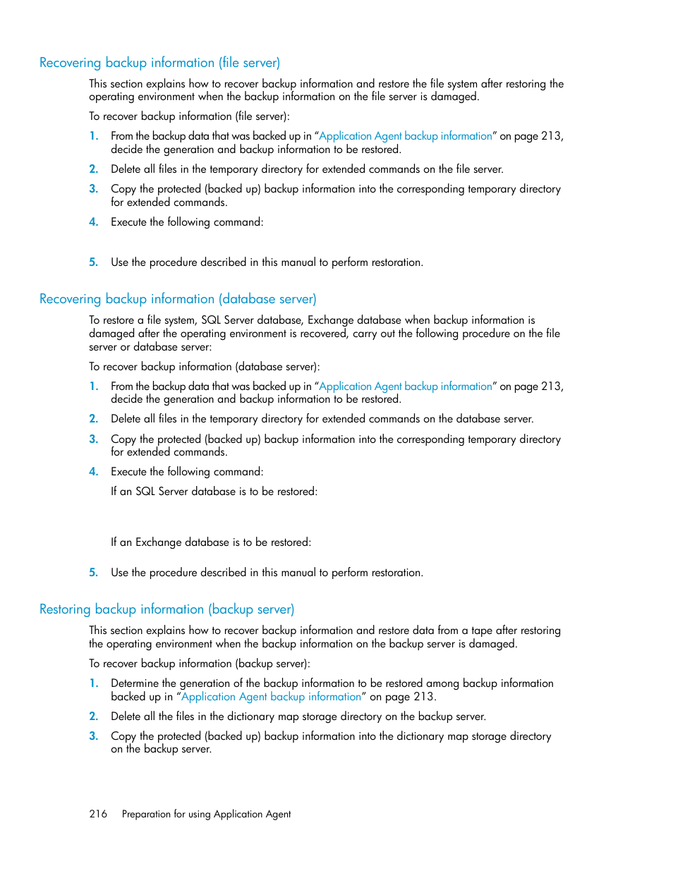 Recovering backup information (file server), Recovering backup information (database server), Restoring backup information (backup server) | 216 restoring backup information (backup server) | HP XP Command View Advanced Edition Software User Manual | Page 216 / 574