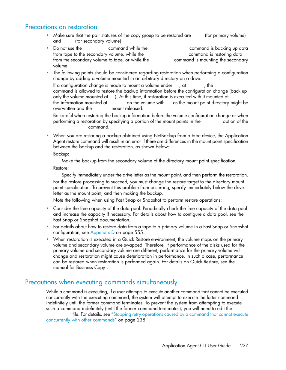 Precautions on restoration, Precautions when executing commands simultaneously | HP XP Command View Advanced Edition Software User Manual | Page 227 / 574