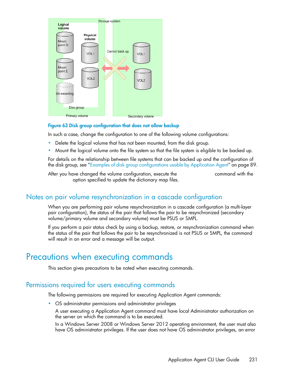 Precautions when executing commands, Permissions required for users executing commands | HP XP Command View Advanced Edition Software User Manual | Page 231 / 574