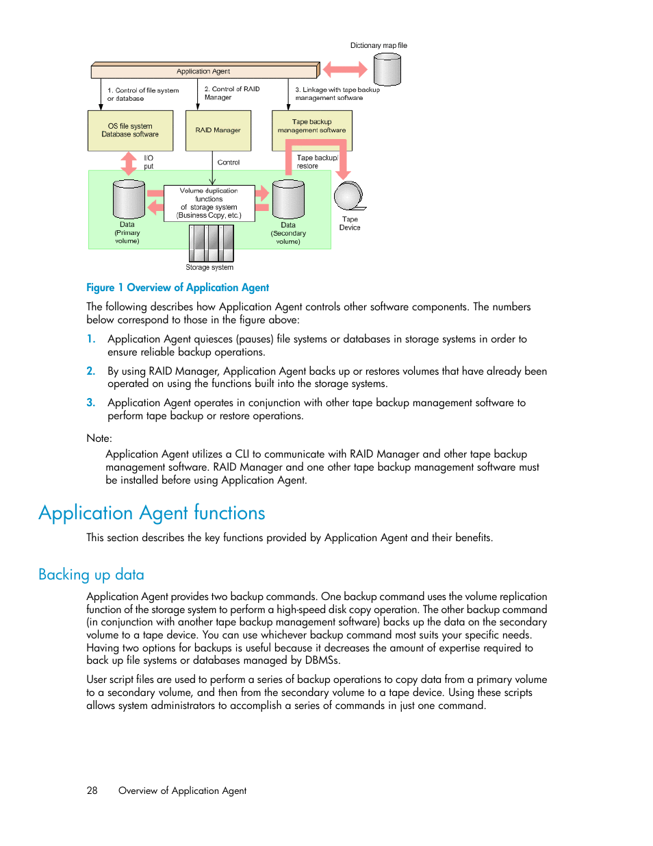 Application agent functions, Backing up data, Overview of application agent | HP XP Command View Advanced Edition Software User Manual | Page 28 / 574