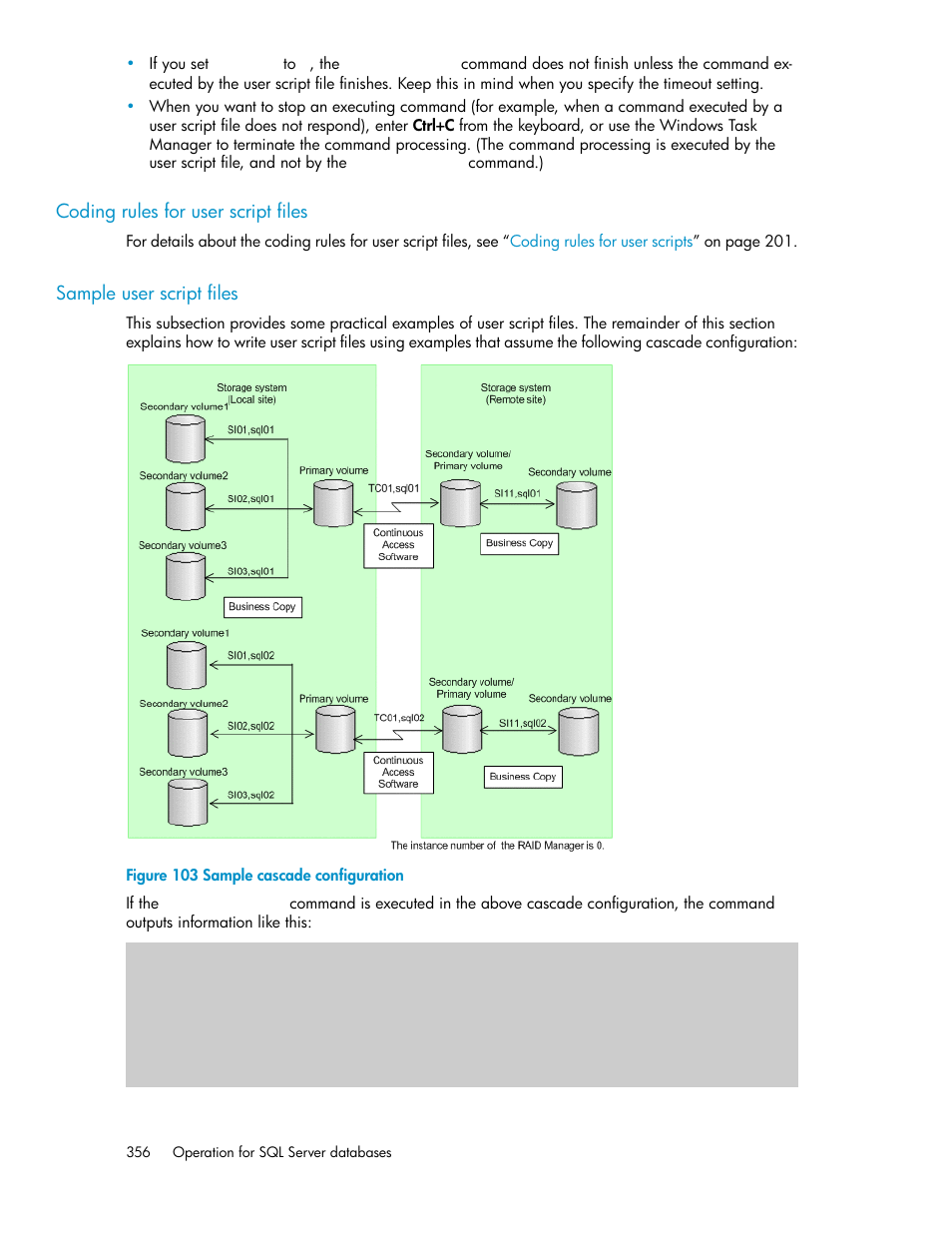 Coding rules for user script files, Sample user script files, 356 sample user script files | Sample cascade configuration | HP XP Command View Advanced Edition Software User Manual | Page 356 / 574