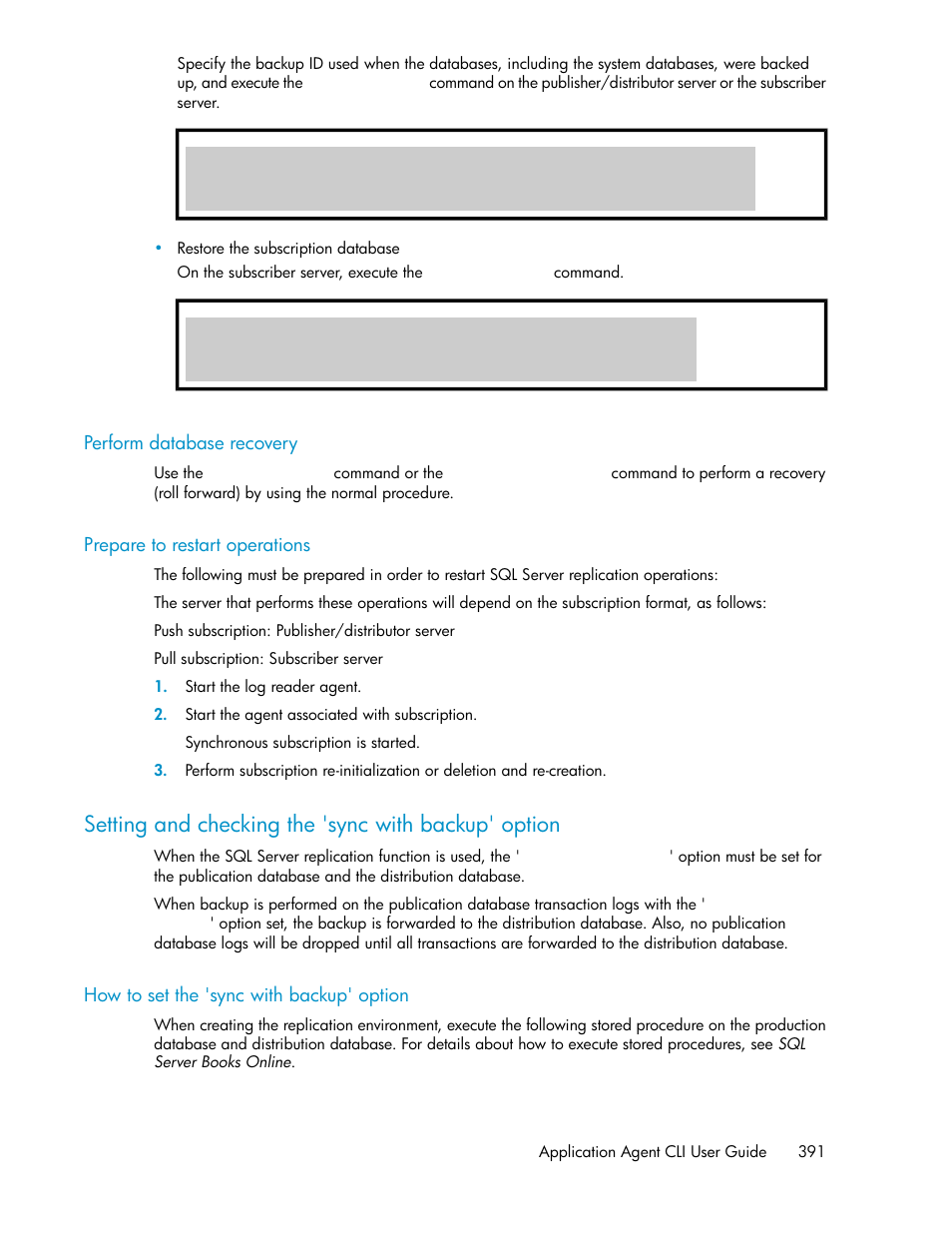Perform database recovery, Prepare to restart operations, Setting and checking the 'sync with backup' option | How to set the 'sync with backup' option, 391 prepare to restart operations, Setting and checking the 'sync with backup, Option | HP XP Command View Advanced Edition Software User Manual | Page 391 / 574