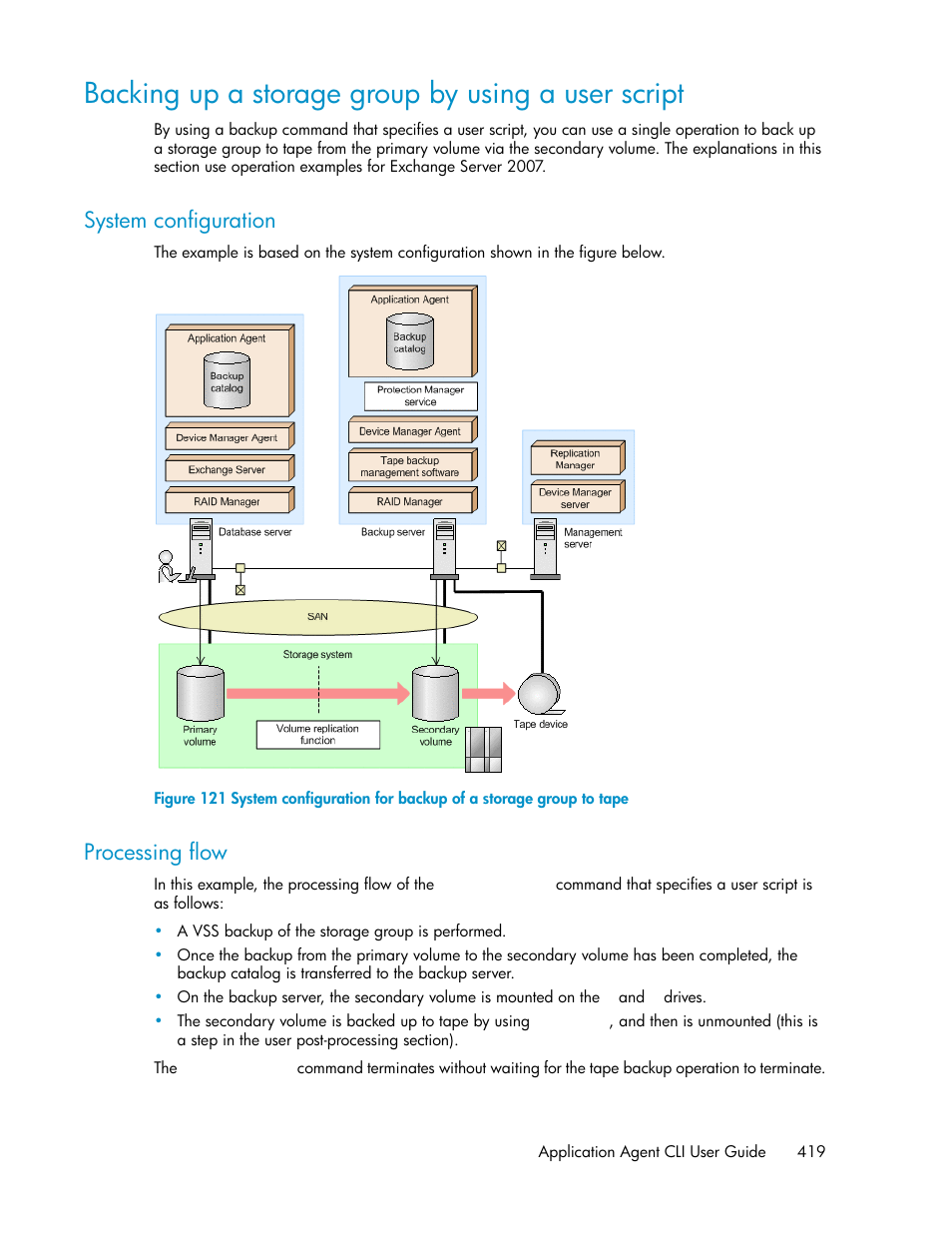 Backing up a storage group by using a user script, System configuration, Processing flow | 419 processing flow, Back, Ing up a storage group by using a user script | HP XP Command View Advanced Edition Software User Manual | Page 419 / 574