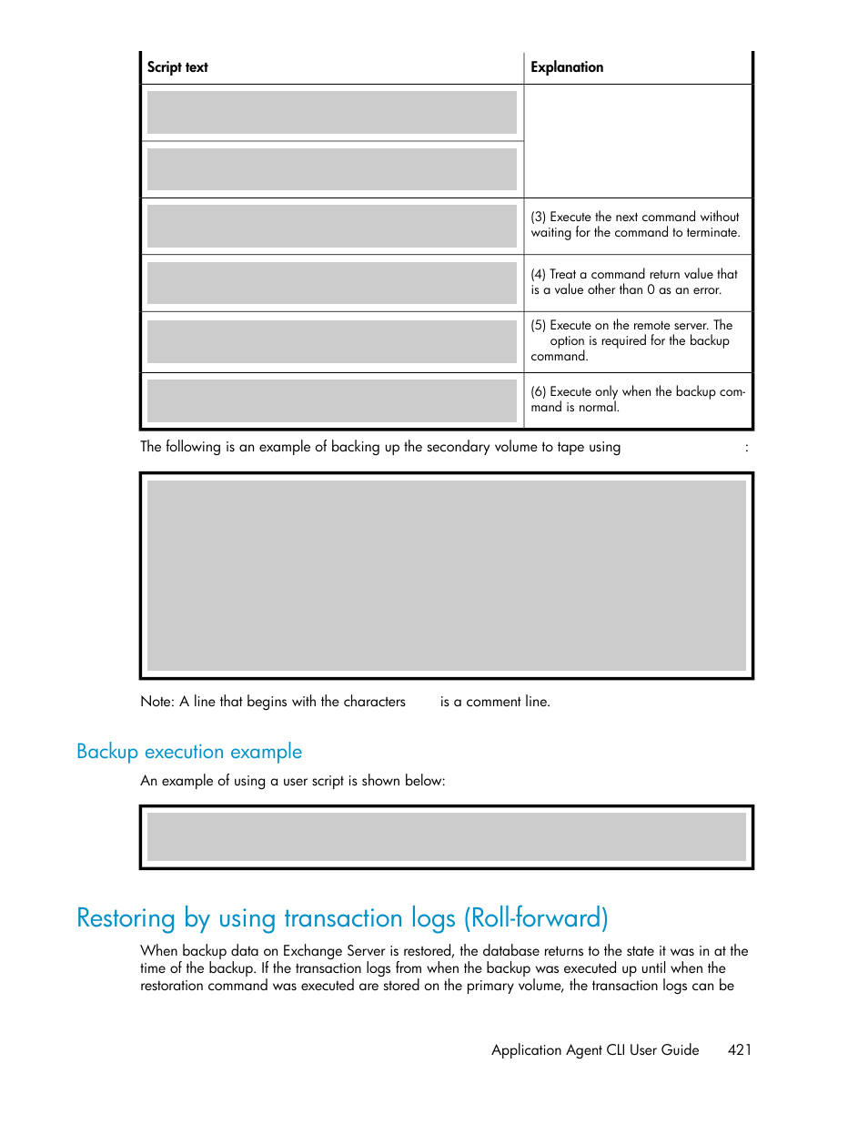 Backup execution example, Restoring by using transaction logs (roll-forward), Restoring by using transaction logs | Roll-forward) | HP XP Command View Advanced Edition Software User Manual | Page 421 / 574