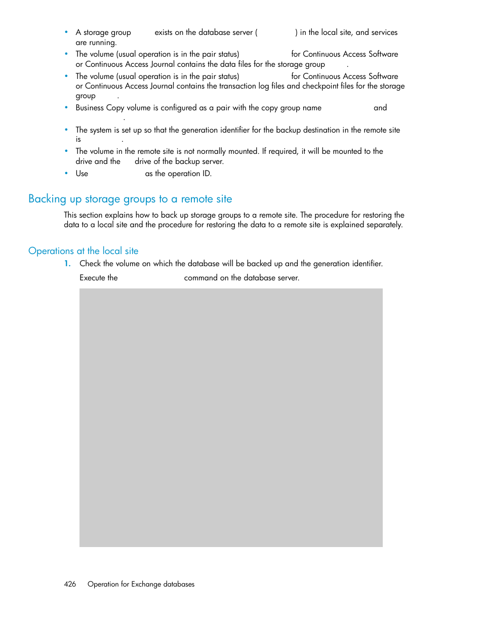 Backing up storage groups to a remote site, Operations at the local site | HP XP Command View Advanced Edition Software User Manual | Page 426 / 574