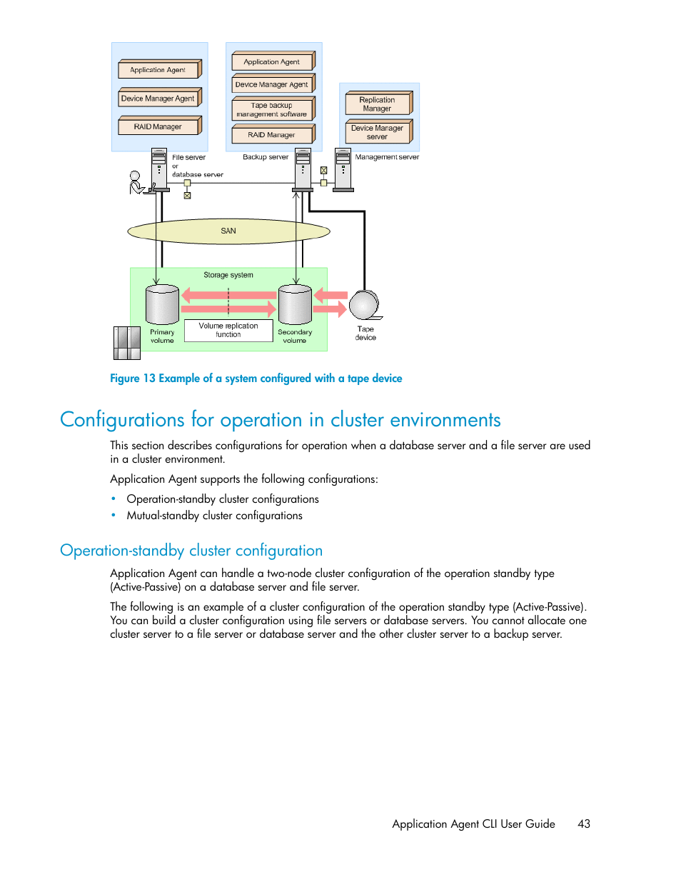 Operation-standby cluster configuration, Example of a system configured with a tape device | HP XP Command View Advanced Edition Software User Manual | Page 43 / 574