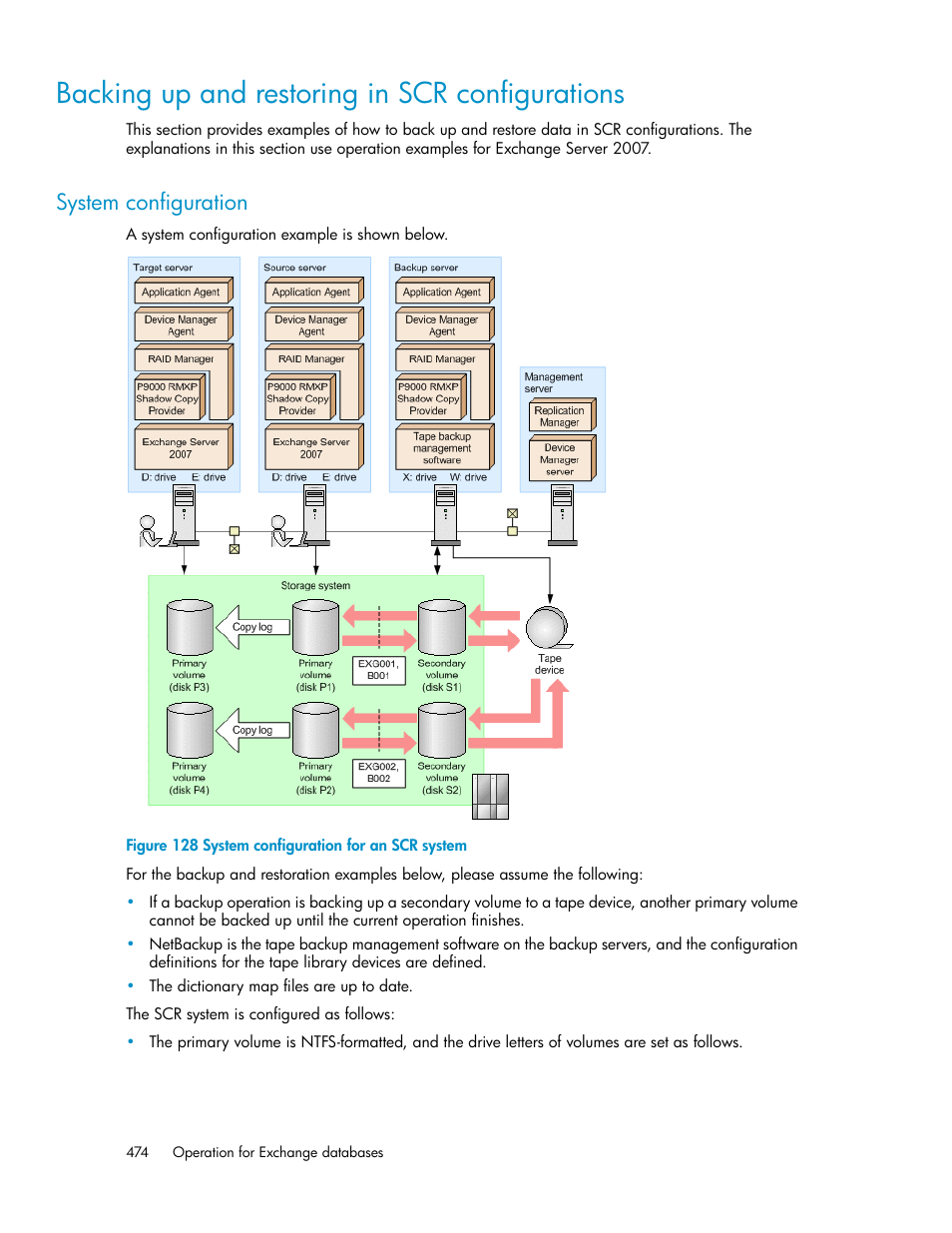 Backing up and restoring in scr configurations, System configuration, System configuration for an scr system | HP XP Command View Advanced Edition Software User Manual | Page 474 / 574