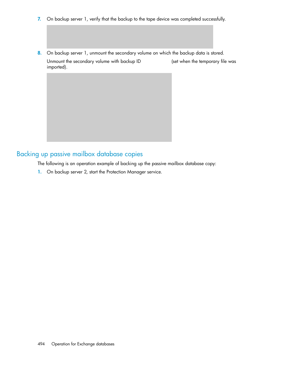 Backing up passive mailbox database copies | HP XP Command View Advanced Edition Software User Manual | Page 494 / 574